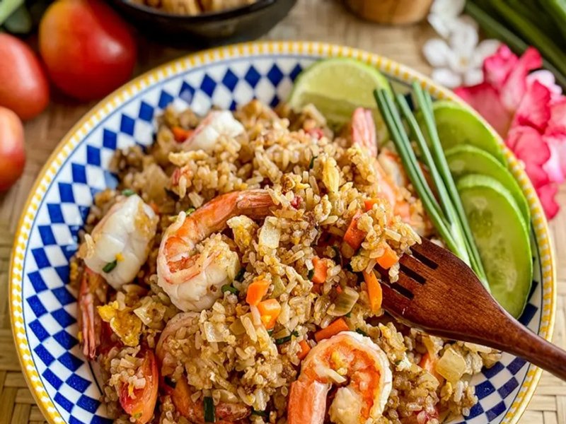 Riz cantonnais aux crevettes omelette